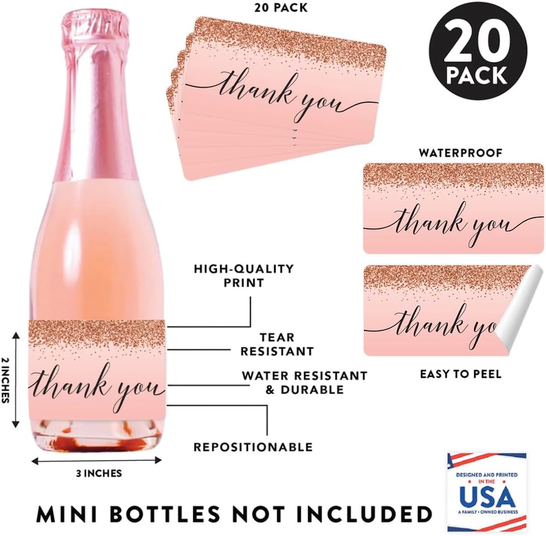 Andaz Press Mini Champagne Wine Bottle Labels, Thank You, Blush Pink Faux Rose Gold Glitter Elegant, 20-Pack, Party Favor Gift Label Stickers Baby Shower Bridal Shower