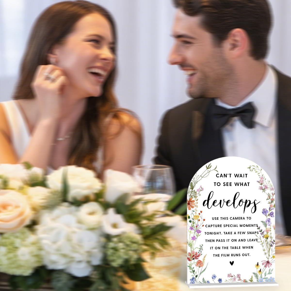 Acrylic Wedding Signs, Bridal Shower Decorations, Modern Arched Round Top Acrylic Table Top Sign with Holder for Wedding Reception Party Dinner - Can't Wait to See What Develops (White Wildflowers)