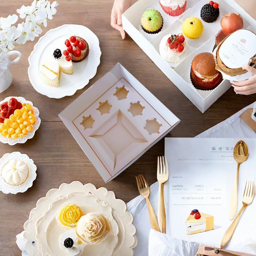 Bento Cake and Cupcake Box 4-inch Cake and 5 Cupcakes Box Full Clear Cover 5 Sets for Family Dinner Birthday Party Picnic Gift