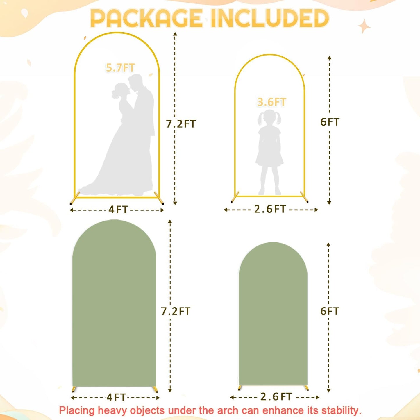 FUHSY Wedding Metal Arch Backdrop Stand with Sage Green Arch Cover 7.2FT, 6FT Balloon Arches Stand and Cover Set of 2 Spandex Arched Backdrop Covers for Birthday Party Baby Shower Ceremony Arbor Decor