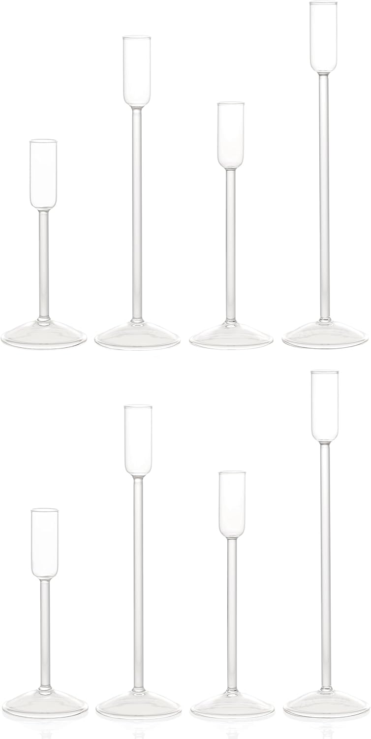 Candle Holder, Glass Taper Candle Tall Candlestick Holder, 4 Different Heights, for Table Centerpiece, Wedding, Party, Clear, 8pcs