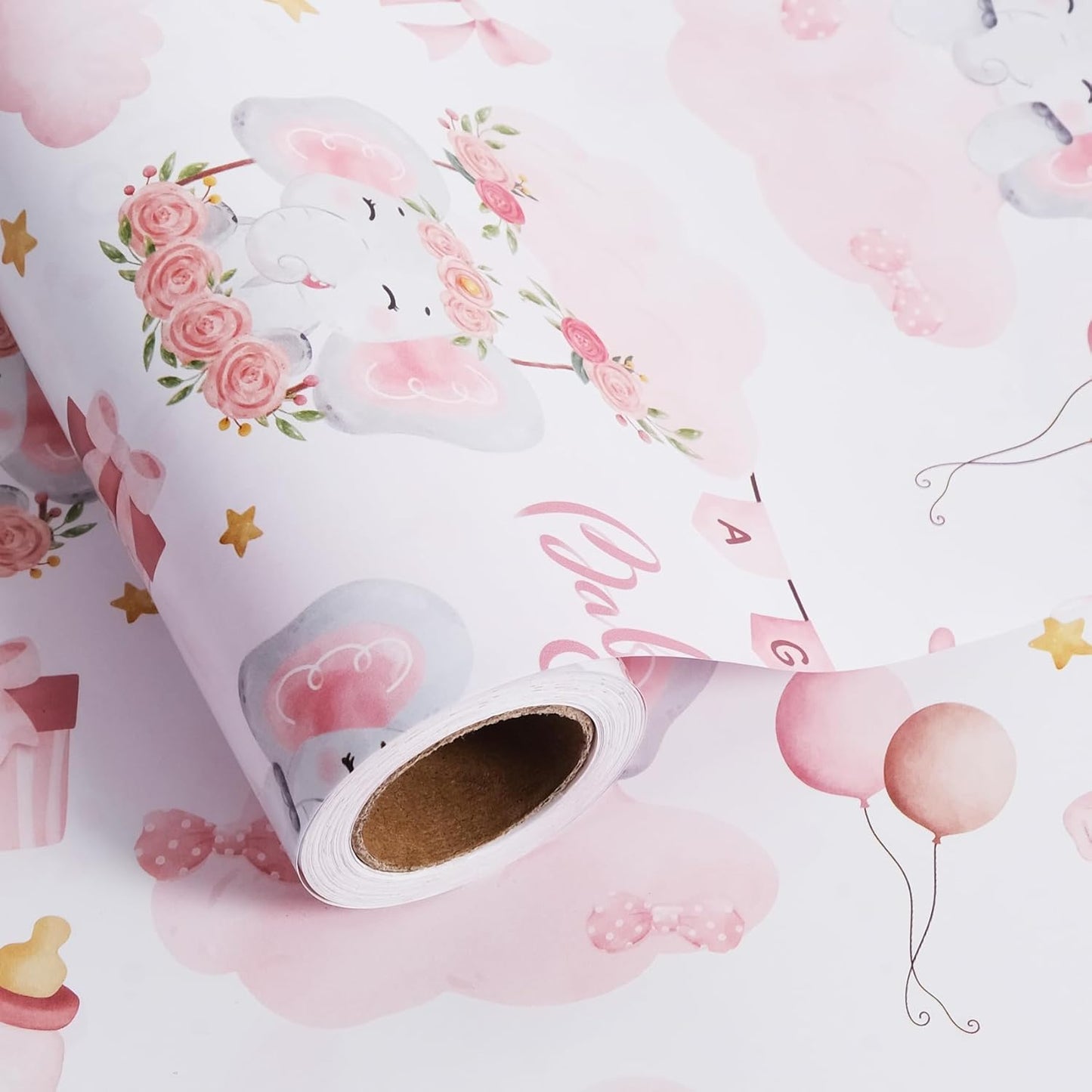 Aimyoo Pink Baby Shower Wrapping Paper Roll - 17 Inch X 32.8 Feet - Cute Elephant with Baby Girl Letter Design Perfect for Girls, Birthday, Party