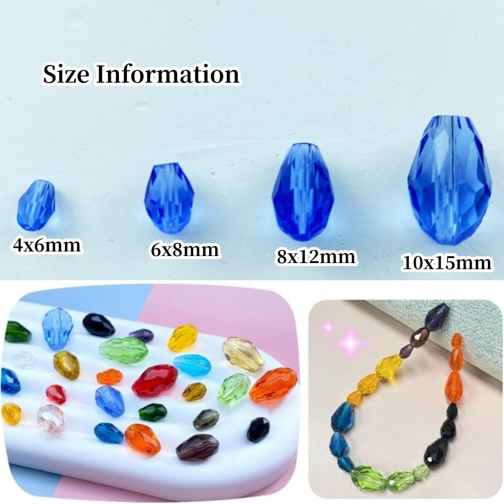 100pcs 8x12mm Teardrop Crystal Glass Beads Vertical Hole Faceted Glass Teardrop Spacer Beads for Bracelets Necklace Earring DIY Jewelry Making Craft(Light Blue)