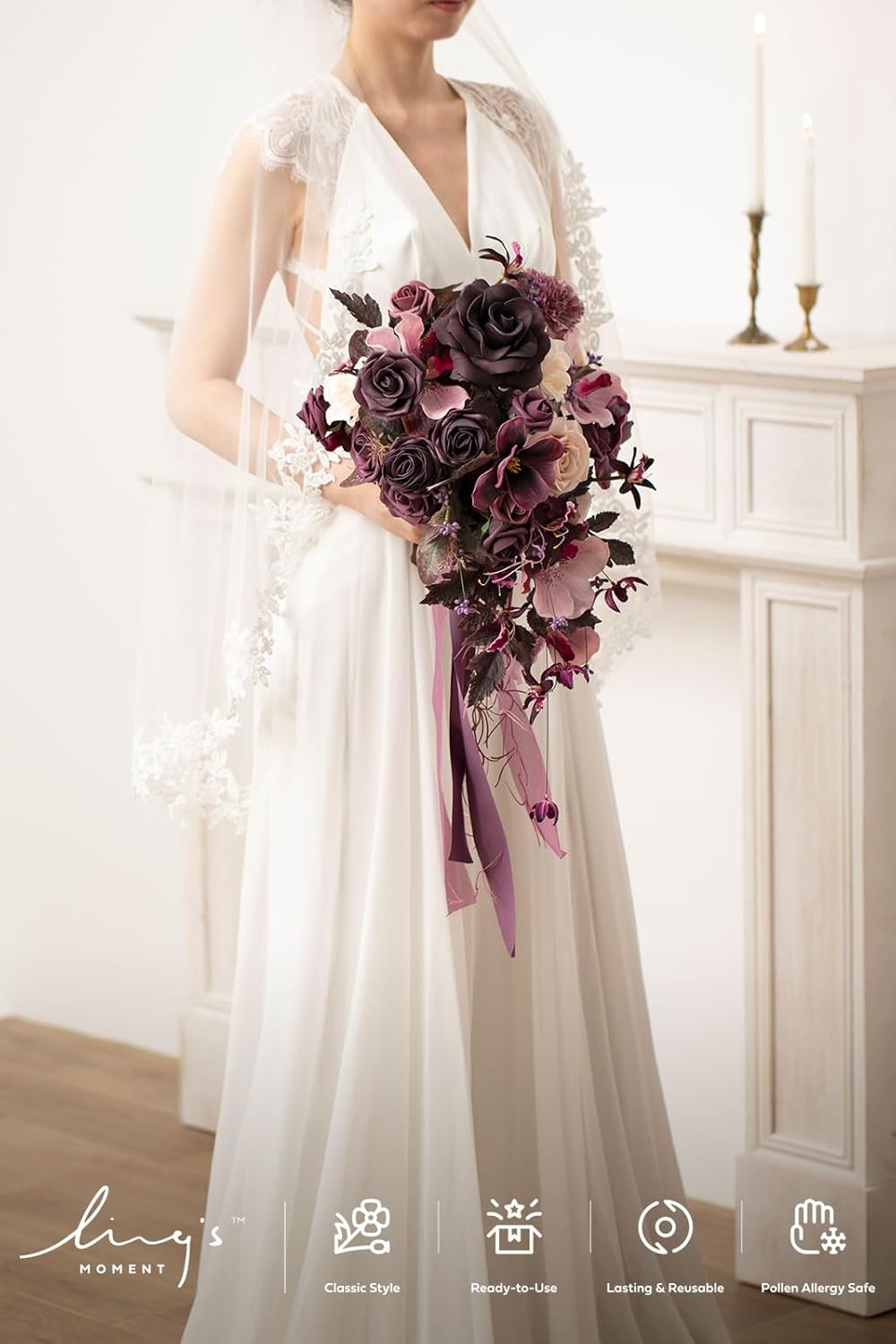 Ling's moment Purple Bridal Bouquet Cascading, Plum Wedding Bouquets for Bride, 13 Inch Bride Bouquets for Wedding Artificial Flowers Bouquets