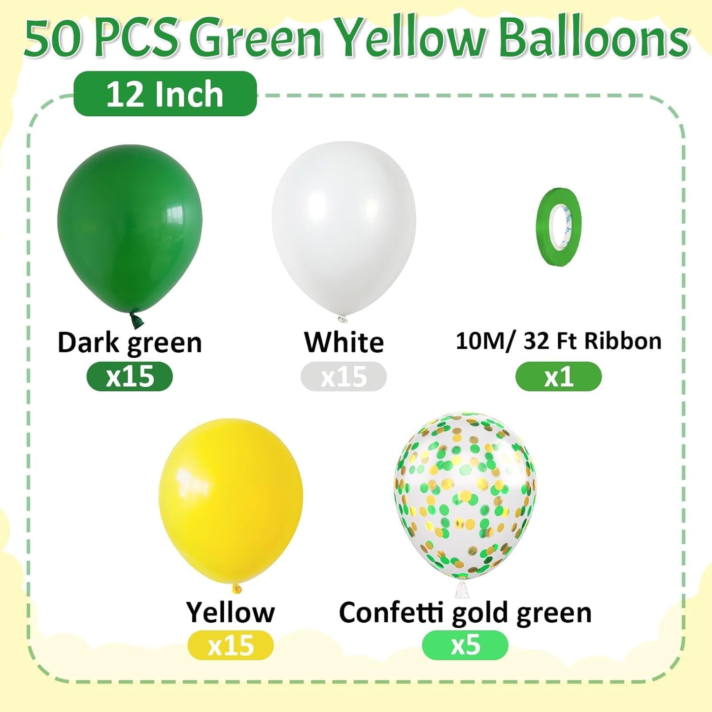 Paready Green and Yellow Balloons - 50 Pcs Confetti Balloons, 12 Inch Latex Balloons for Birthday Party, Graduation Class of 2024, Tractor Party Decorations