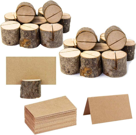 20Pcs Rustic Wood Table Numbers Holder and 30Pcs Kraft Table Place Cards Wood Place Card Holder Party Wedding Table Name Card Holder Memo Note Card