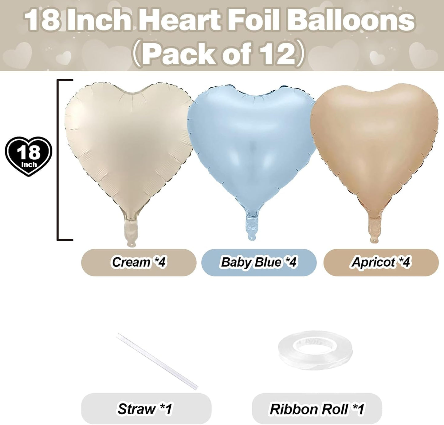 Blue Cream Heart Foil Balloons, 12Pcs Baby Blue Beige Nude Heart Shape Mylar Balloon, 18Inch Macaron Apricot and White Helium Balloons for Boho Birthdays Baby Shower Wedding Valentines Party Decor