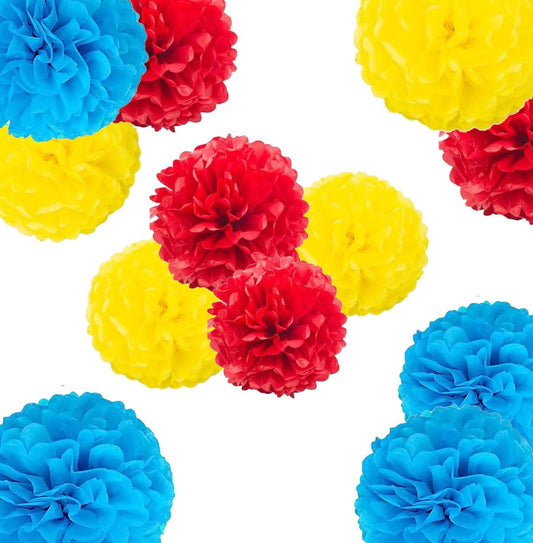 Blue Yellow Red Paper Pom Poms,Party Tissue Paper Flowers Balls,Party Hanging Decoration Supplies, Size of 10inch, 12inch, Pack of 12