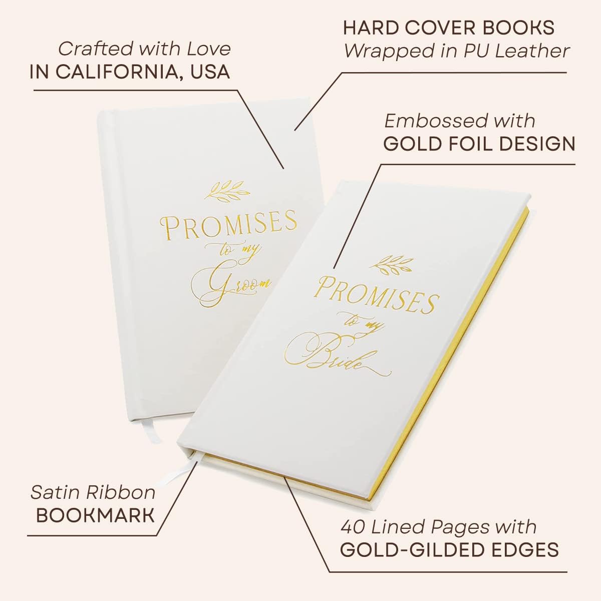 MUUJEE Promises To My Groom and Promises to My Bride Wedding Vow Books (Set of 2) - White Gold Foil Embossed Notebook Journal for Wedding Ceremony Vow Renewal - Wedding Gift Ideas