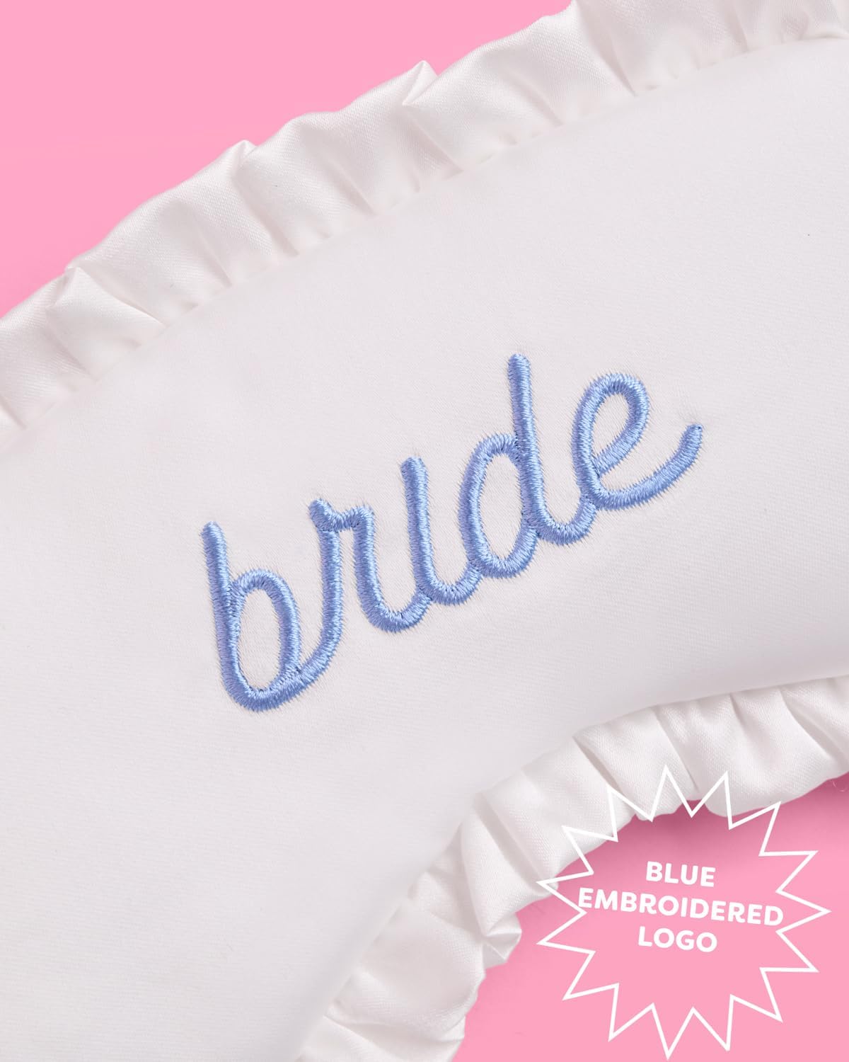 xo, Fetti Ruffled Bride Sleep Mask, White Satin + Blue Embroidery | Bachelorette Party Decorations, Bridal Shower Accessory, Bride to Be Party Favor, Bridesmaid Gift