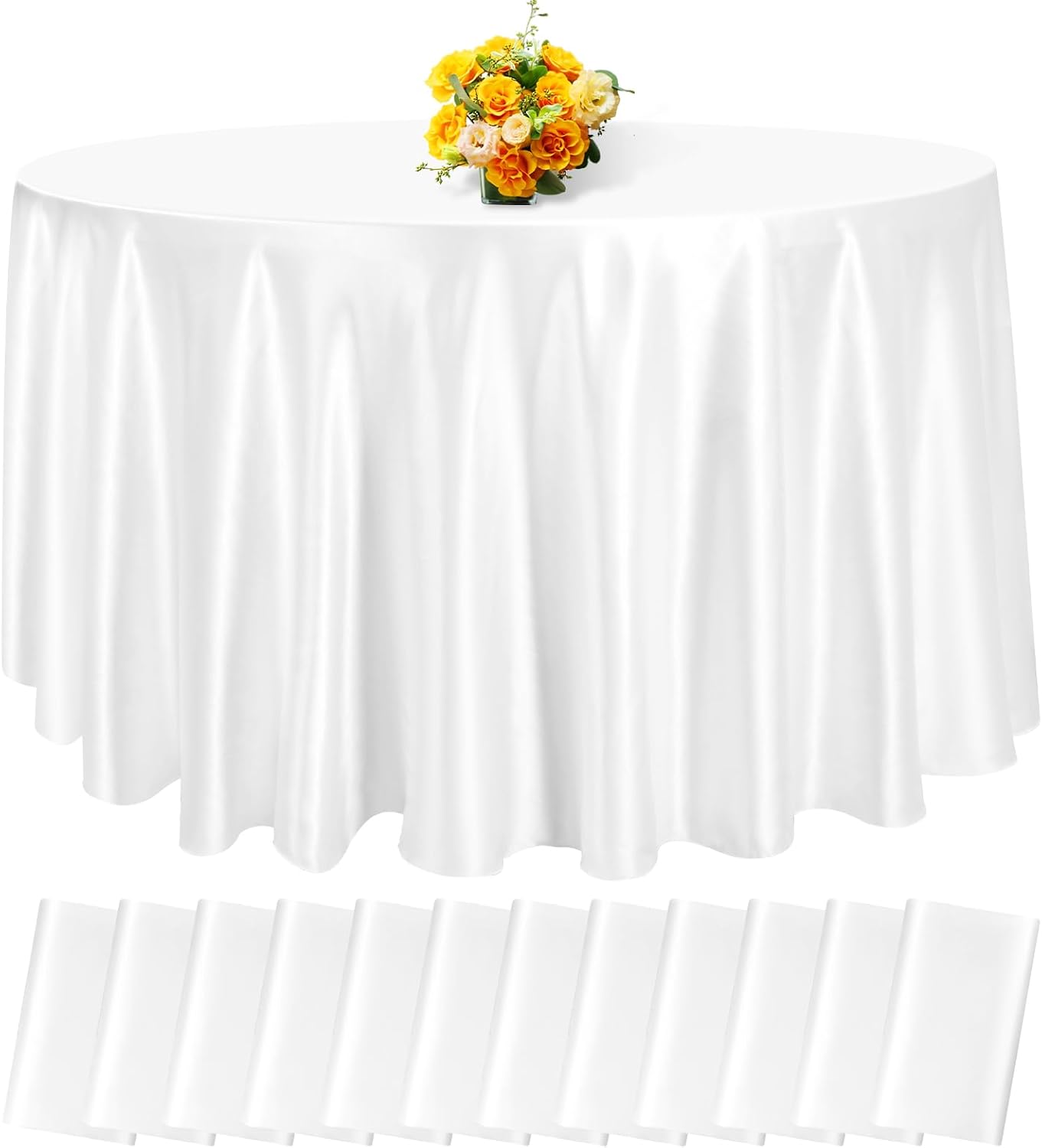 12 Pack 120 Inch White Satin Tablecloth - Premium Bright Silky Round Tablecloth Overlay Smooth Fabric Table Cover, Table Decoration for Wedding Party Banquet Events Restaurant Kitchen Dining