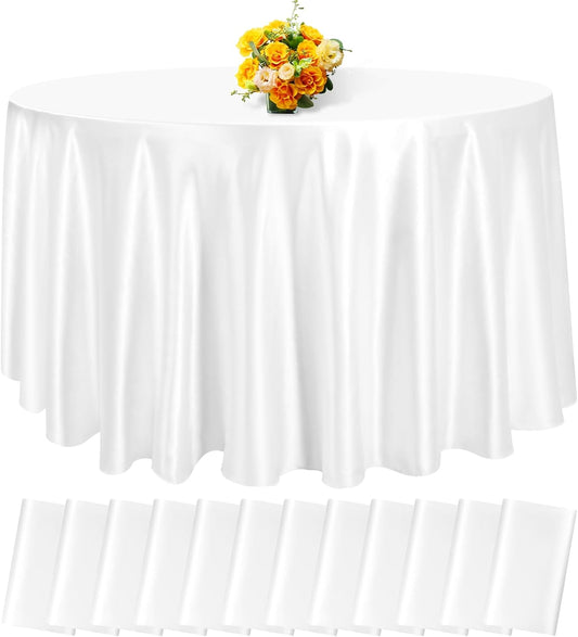 12 Pack 120 Inch White Satin Tablecloth - Premium Bright Silky Round Tablecloth Overlay Smooth Fabric Table Cover, Table Decoration for Wedding Party Banquet Events Restaurant Kitchen Dining