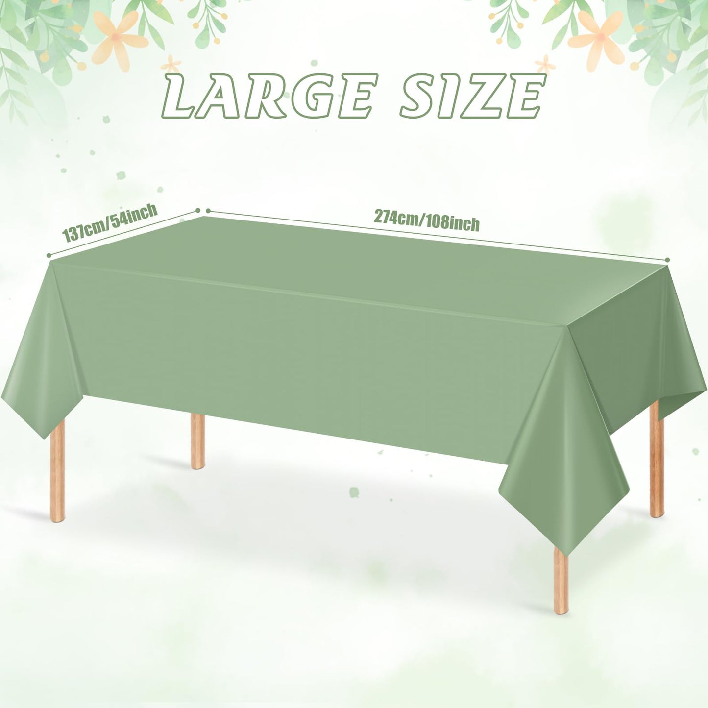 3Pack Sage Green Plastic Tablecloths for Rectangle Tables, Light Green Disposable Tablecloth