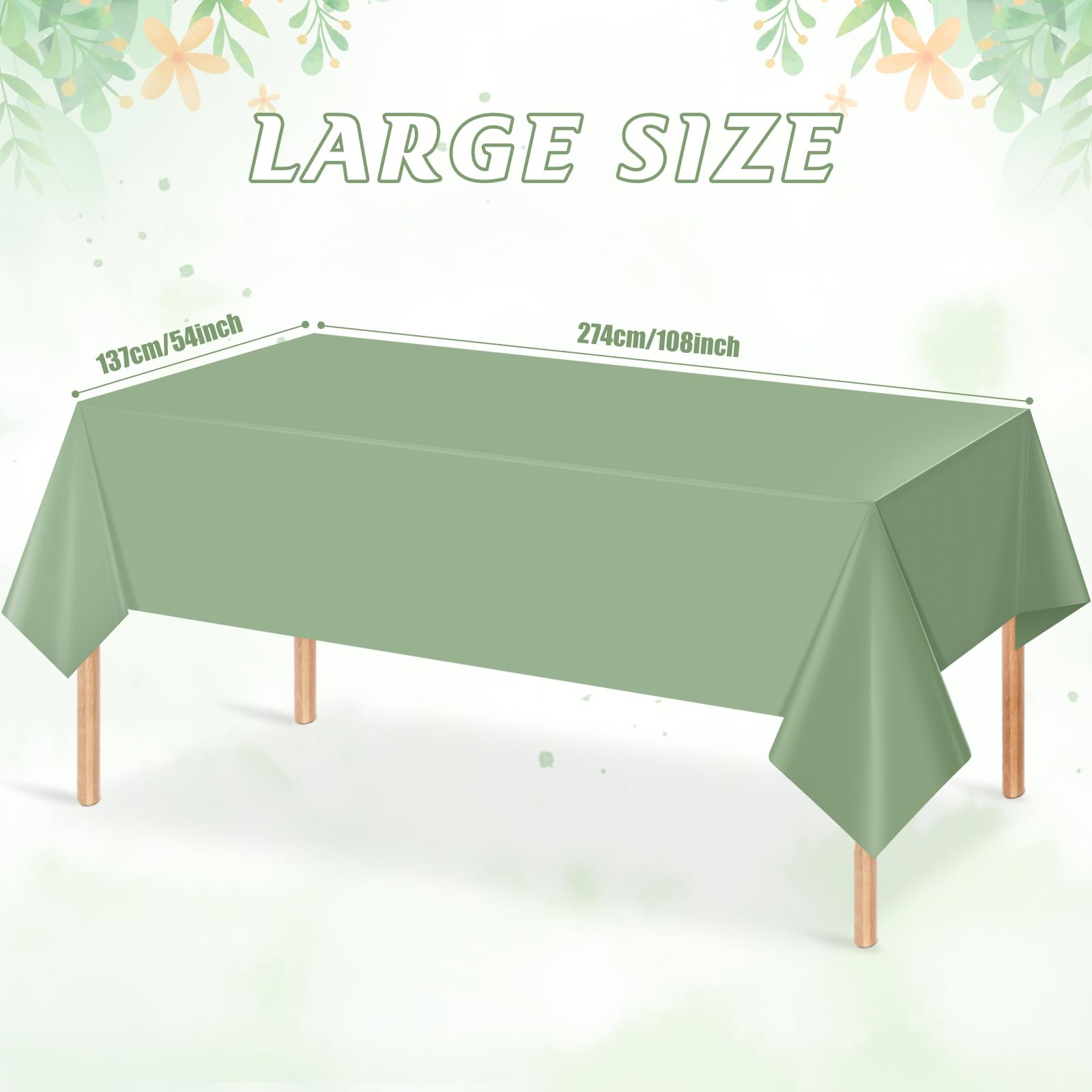 3Pack Sage Green Plastic Tablecloths for Rectangle Tables, Light Green Disposable Tablecloth