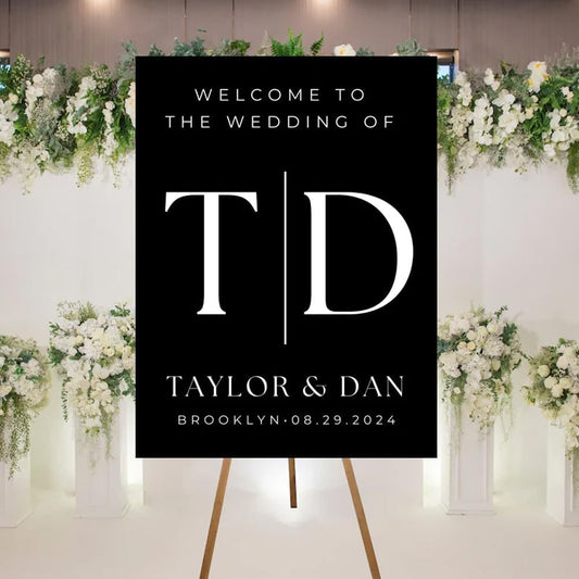 Elegant Custom Wedding Welcome Sign With Stand - Black, Minimalist Design