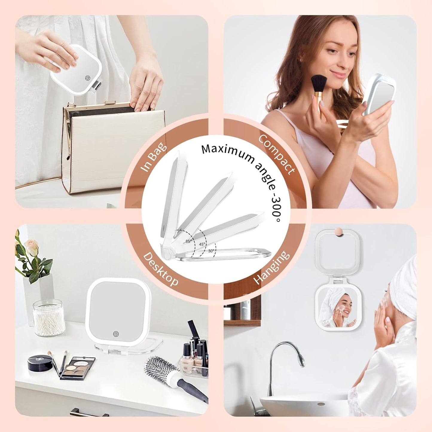 Compact Travel Makeup Mirror with Lights, 1X/30X Double-Sided Magnifying Mirror, 3 Color LED Lighting, Rechargeable Folding Portable Vanity Mirror for Women (White)
