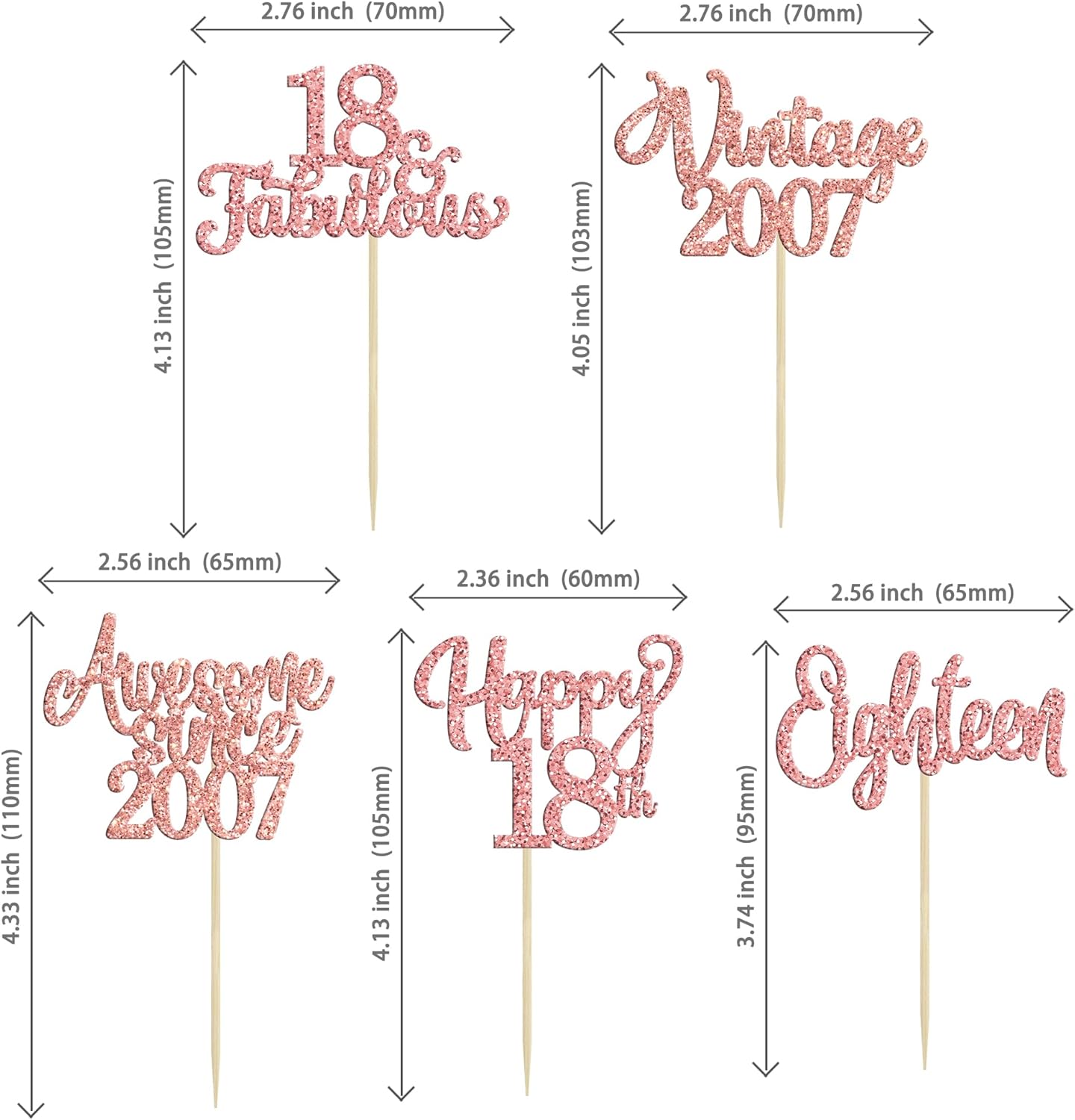 30Pcs Vintage 2007 Cupcake Toppers Glitter Eighteen 18 Fabulous Happy 18th Birthday Cupcake Picks Cheers to 18 Years for 18th Birthday Anniversary Party Cake Decorations Supplies Rose Gold