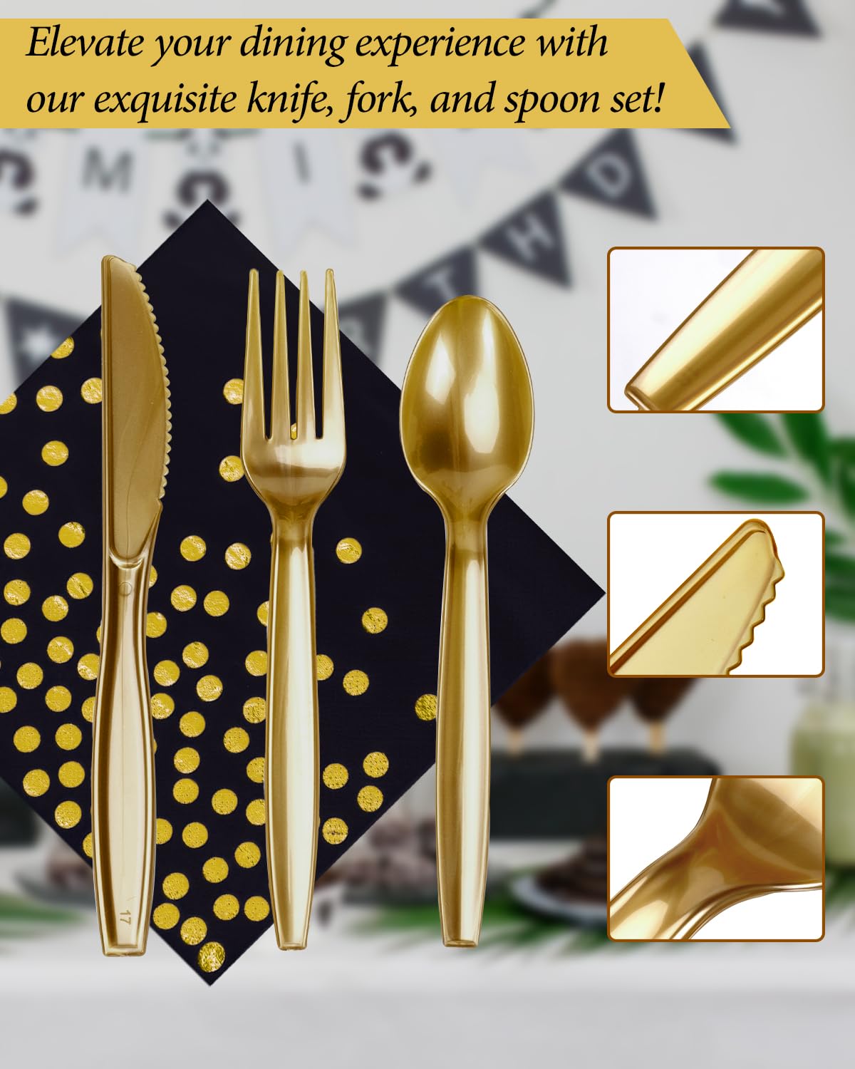 224 Pieces Party Supplies, Black and Gold Party Plates Cups and Napkins Sets with Plastic Knives