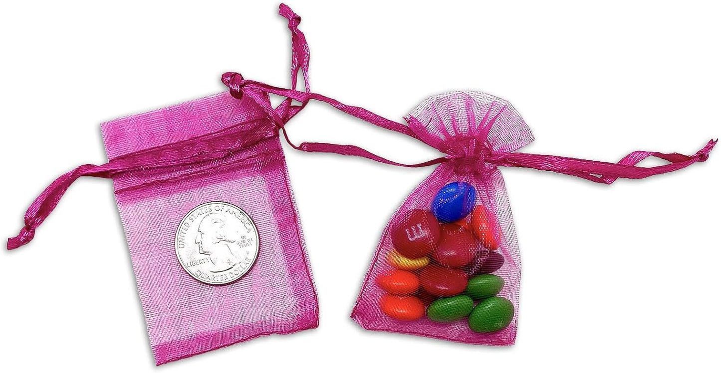 TheDisplayGuys 48-Pack 2" x 2-3/4" Hot Pink Sheer Organza Gift Bags with Drawstring, Jewelry Candy Treat Wedding Party Favors Mesh Pouch