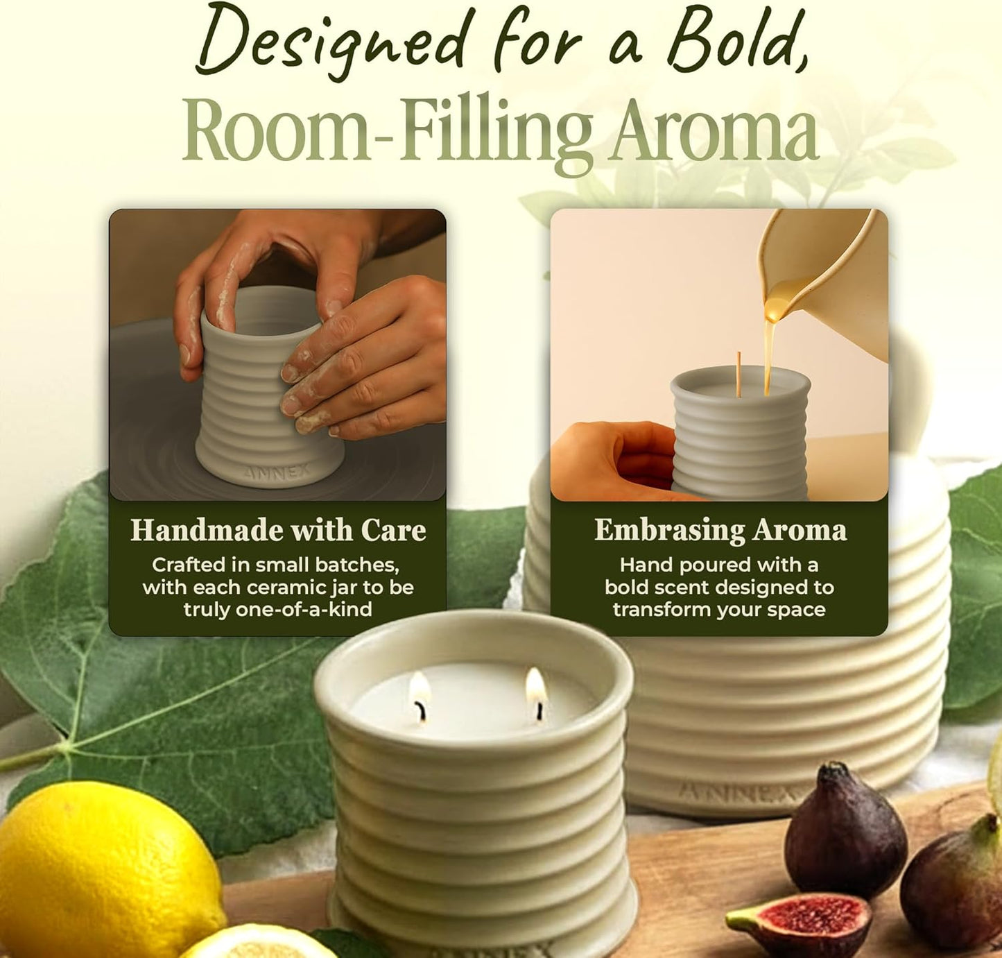 Scented Luxury Citronella Candles outdoor, Mosquito Bug Repellent | Handmade Ceramic Jars, Soy Wax | Cloudy Pillow - Fig Leaf & Lemon, Large Natural Candle | Non Toxic, 2 Wicks, Reusable Big Beige Jar