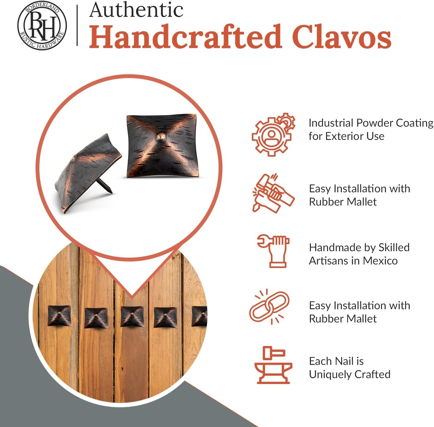 50 Pack 2" Square Head Iron Clavos Decorative Nails – Oil Rubbed Bronze – Handmade Rustic Square Fasteners for Farmhouse Shutters, Barn Doors, Shutters, and Gates – Ornamental Wood Accent