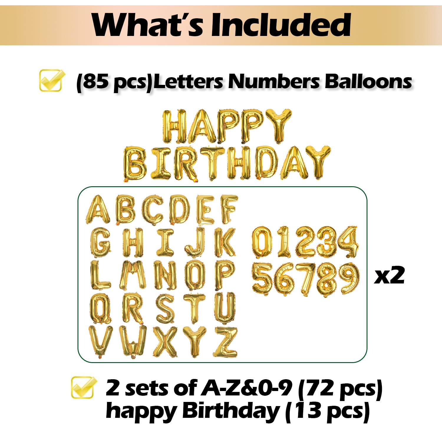 85 Pcs Gold Letter Balloons,16 Inch Foil Alphabet Number Double Set