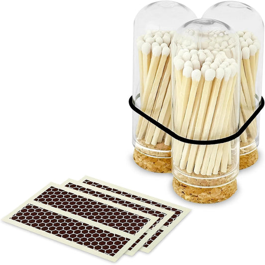 2" White Tip Matches with 3 Mini Cloche Jar + Striker Stickers Included | 100 Classic White Decorative Matches with a Small Glass Holder | Gifts, Home Decor, & Candle Accessories by Thankful Greetings