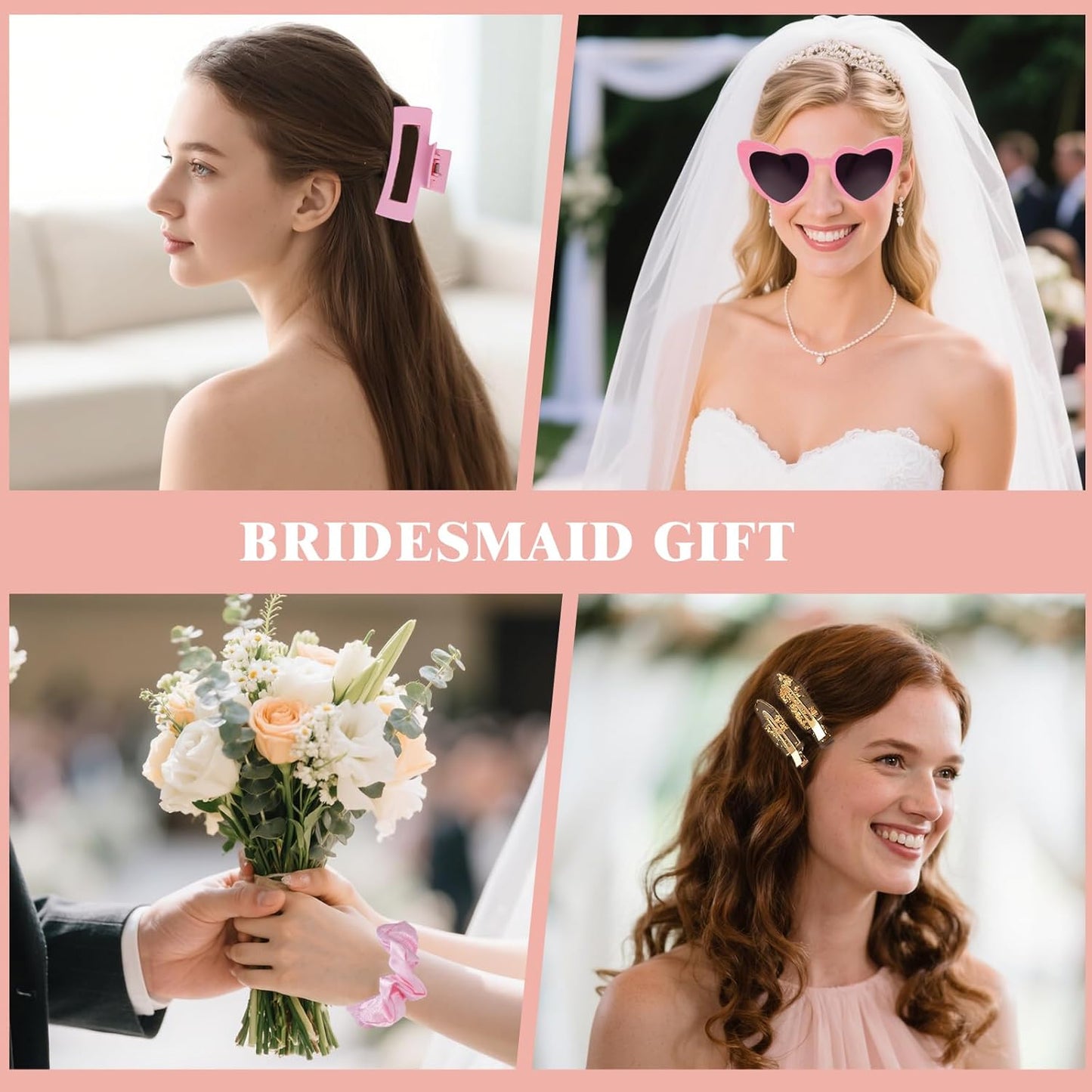 Pink Bridesmaid Gift Set for Proposal, 8PCS Hair Claw, Scrunchies, Makeup Clips & Heart Sunglasses – Bachelorette Party Favors, Bridal Shower & Teen Birthday Gifts