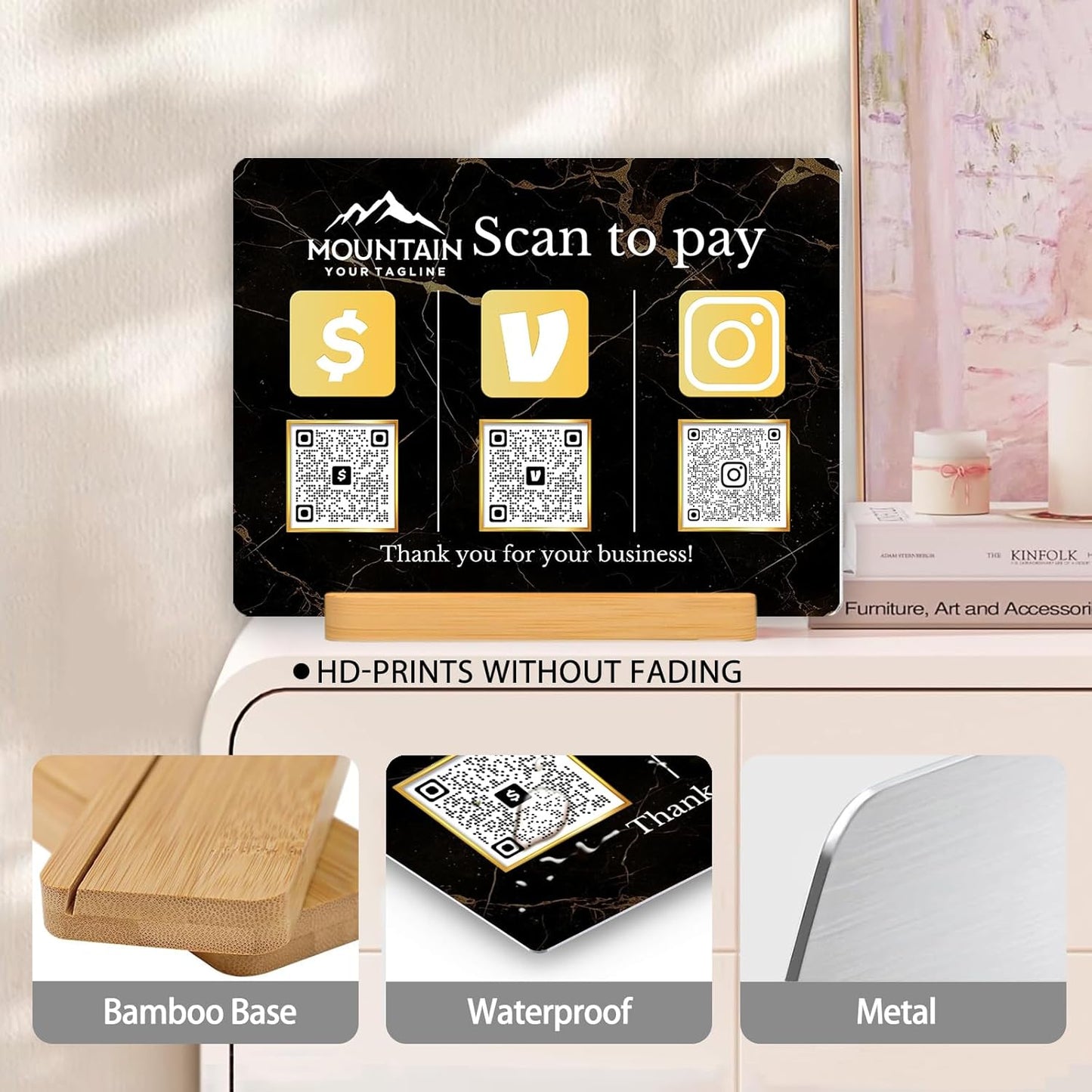 Personalized Custom Metal QR Code Sign Venmo Cashapp Scan to Pay with Stand Instagram Facebook Social Media QR Signs Bar Code QR Plaque Print for Business Salon Beauty Store Restaurant Wifi Sign (H3)