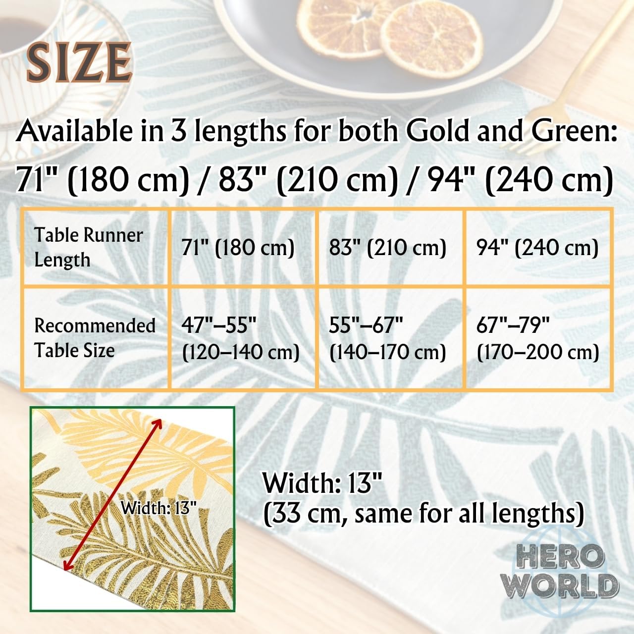 Monstera Leaf Table Runner – Elegant Fabric Table Centerpiece, Machine Washable, Gold or Green, 71"/83"/94" Length, 13" Width (Green/94)