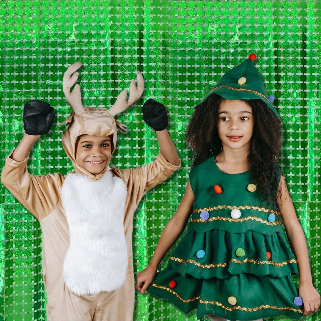 Square Tinsel Curtain Party Backdrop - 5pcs Glitter Foil Fringe Curtain Party Decor Green Photo Booth Backdrop Streamers for Halloween, Christmas, Birthday, Graduation, Wedding Party Decorations