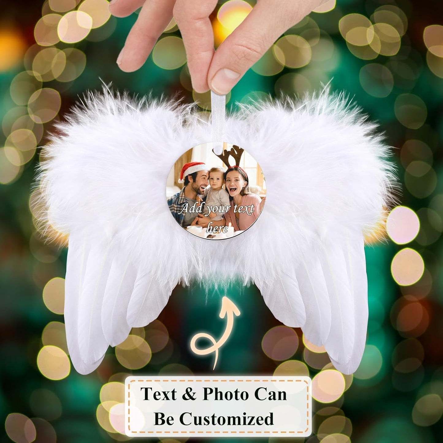 Personalized Photo Christmas Ornaments - Custom Christmas White Angel Wings Ornament Hanging, Feather Hanging Decor with Photo Text for Christmas Tree Xmas Gifts
