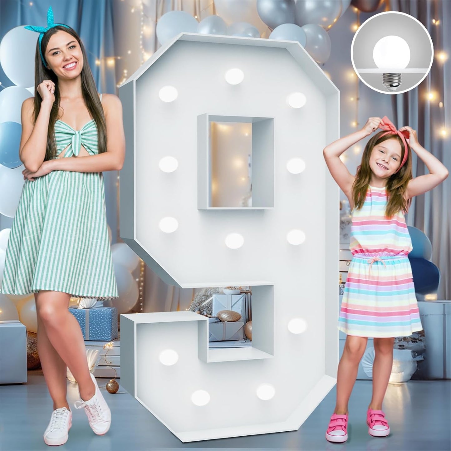 4FT Marquee Light Up Numbers - Cool White Light Up Numbers 9 with Fixed Water Bag, Party Decoration Large Marquee Light Up Numbers can Be Used for Wedding Decoration, Birthday Party Decoration