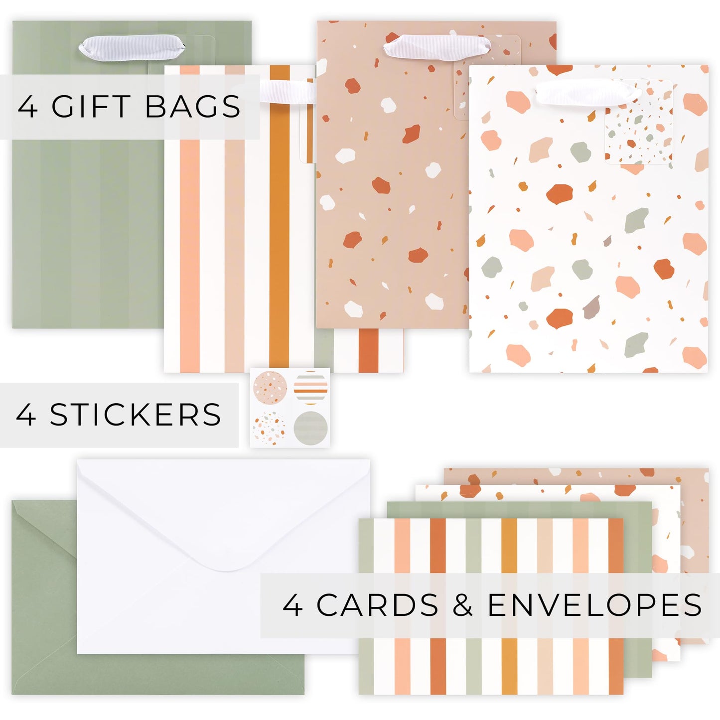 Beautiful Gift Bags Set of 4 with Handles, Tissue Paper, Stickers & Cards