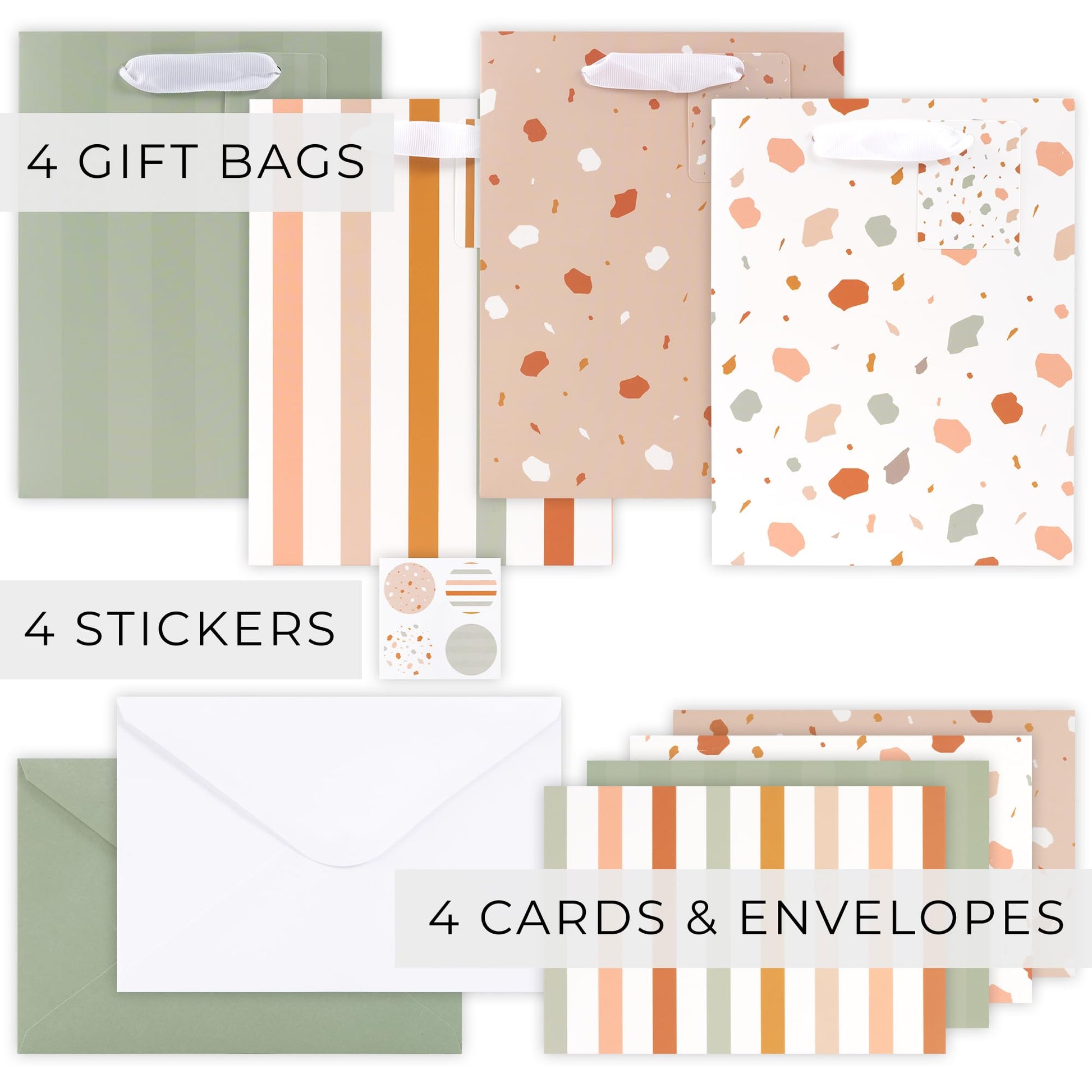 Beautiful Gift Bags Set of 4 with Handles, Tissue Paper, Stickers & Cards
