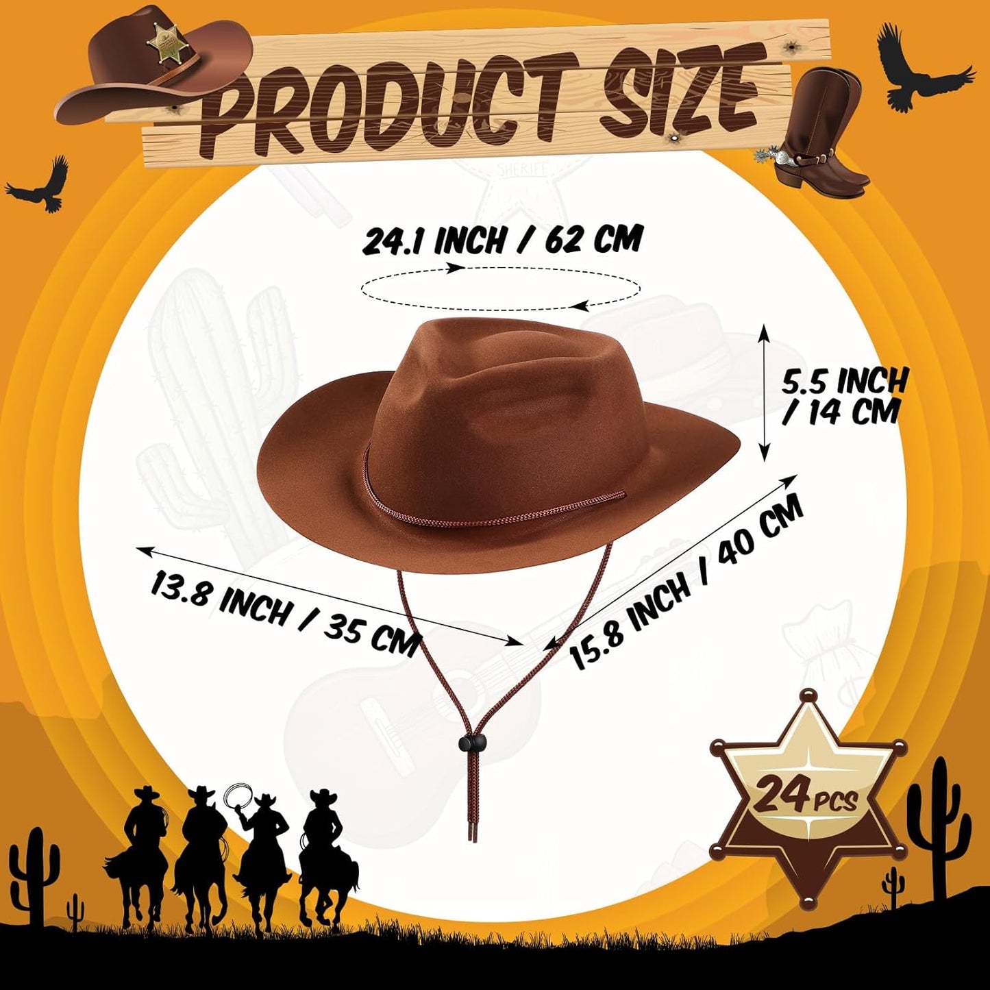 Mepase 24 Pieces Disposable Plastic Western Cowboy Hat Set Felt Wide Brimmed Cowgirl Hats for Men Women Costume Party(Brown)