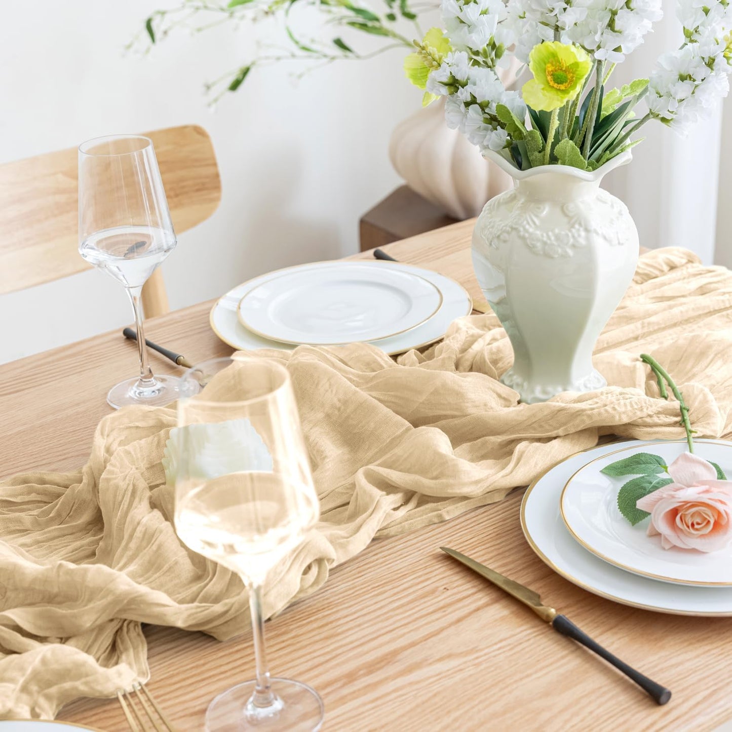 Asee'm 12pcs Cheesecloth Table Runner 120 Inches Long Sand Boho Gauze Cheese Cloth Runner 10FT Rustic Sheer Table Runners for Christmas Wedding Party Baby Shower Spring Easter Decoration