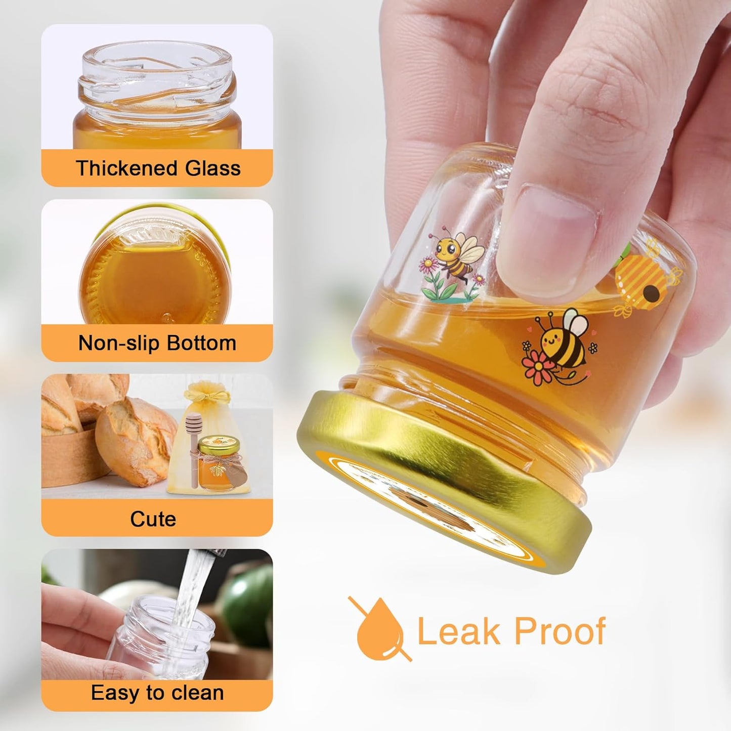 126 Pcs 1.5 oz Mini Round Glass Honey Jars with Dippers, Gold Lids, Bee Stickers, Bee Charms, Gift Bags & Jute– Empty Small Honey Jars for Party Favors Bulk, Ideal for Baby Showers ＆ Weddings
