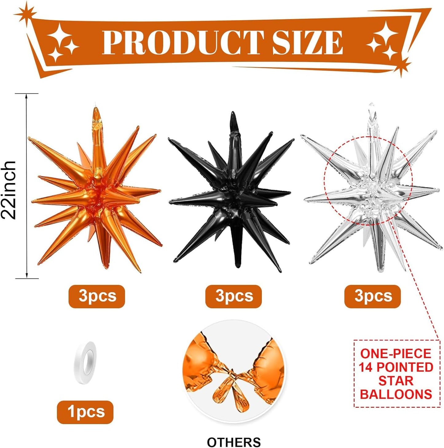 Black Orange Silver Star Balloons,9Pcs 22Inch Black Silver Orange Explosion Spike Cone Helium Polyester Film Star Foil Balloons for Halloween Birthday Anniversary Baby Shower Party Decorations