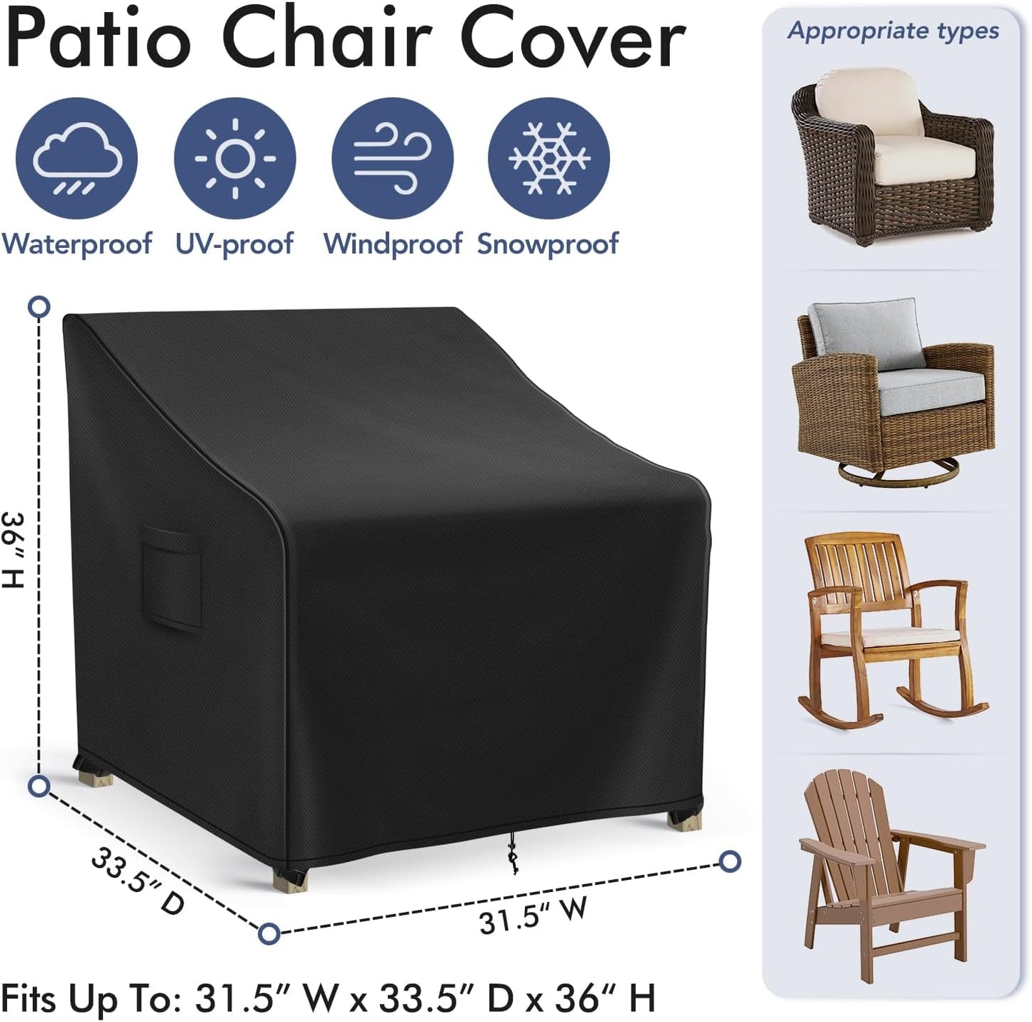 Outdoor Swivel Chair Covers Waterproof, Outdoor Rocking Chair Covers 2 Pack, Patio Chair Covers for Outdoor Furniture Fits up to 31.5W x 33.5D x 36H inches, Black