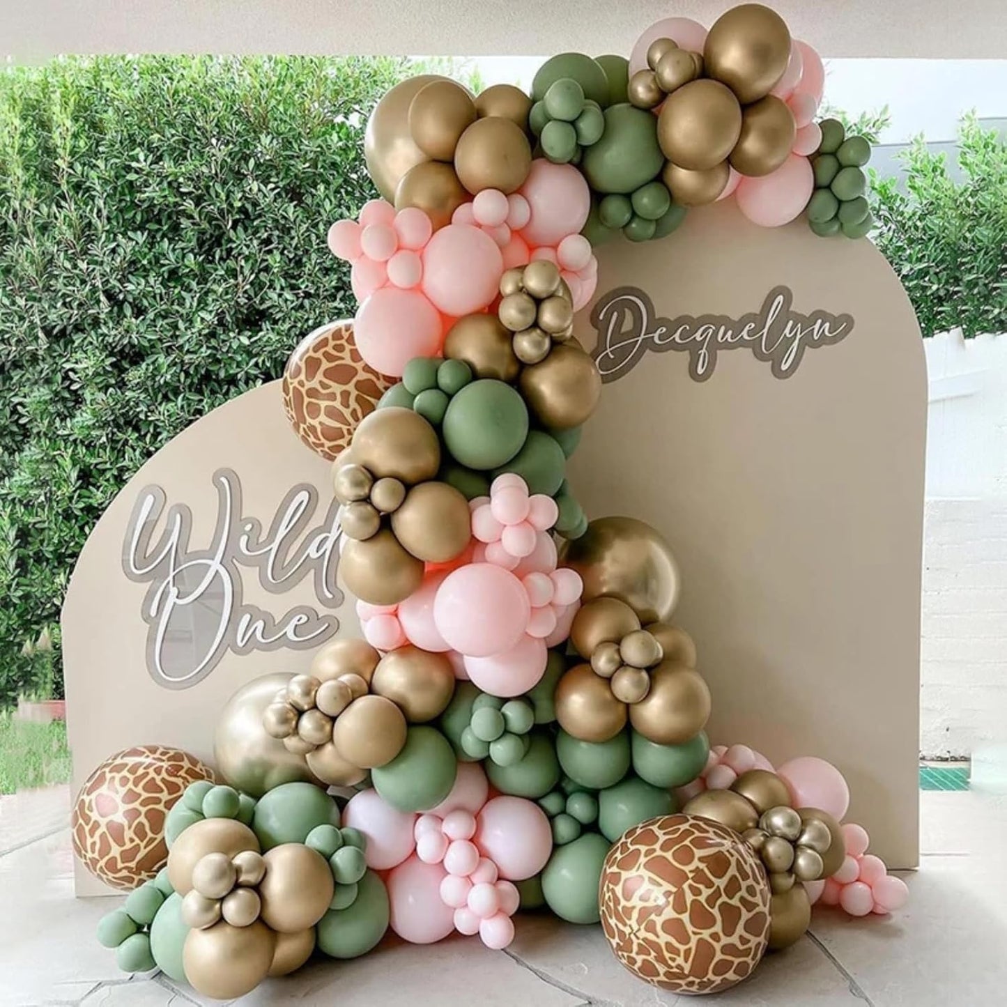 Pink Jungle Safari Balloons, 60PCS Sage Green Pastel Pink Gold Balloon, Light Pink Cream Beige Balloon with Animal Print for Girls Birthday Baby Shower Wild One Giraffe Party Decorations Supplies