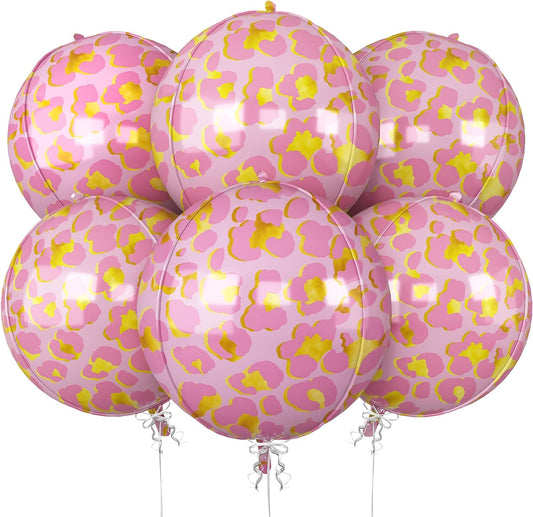 6Pcs Pink Cheetah Print Foil Balloons, 22inch 4D Leopard Theme Balloons, Large Round Ball Animal Foil Balloon for Cheetah Zoo Themed Wild Jungle Birthday Party Backdrop Decorations
