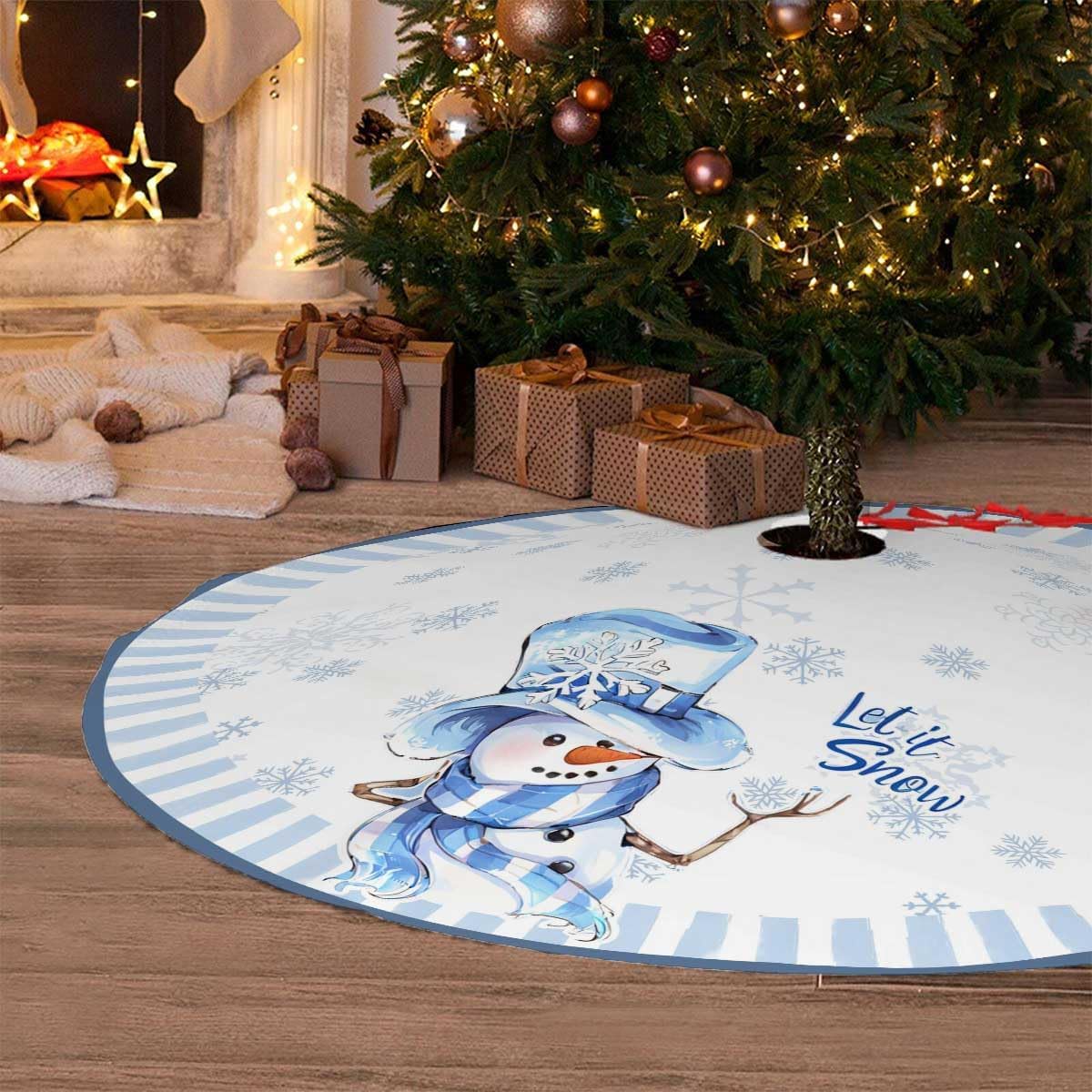 Let It Snow Snowman Christmas Tree Skirt 48 Inches, Blue Snowflake Tree Skirt, Winter Xmas Tree Mat for Home Party Holiday Indoor Outdoor Decorations (Blue, 48in)