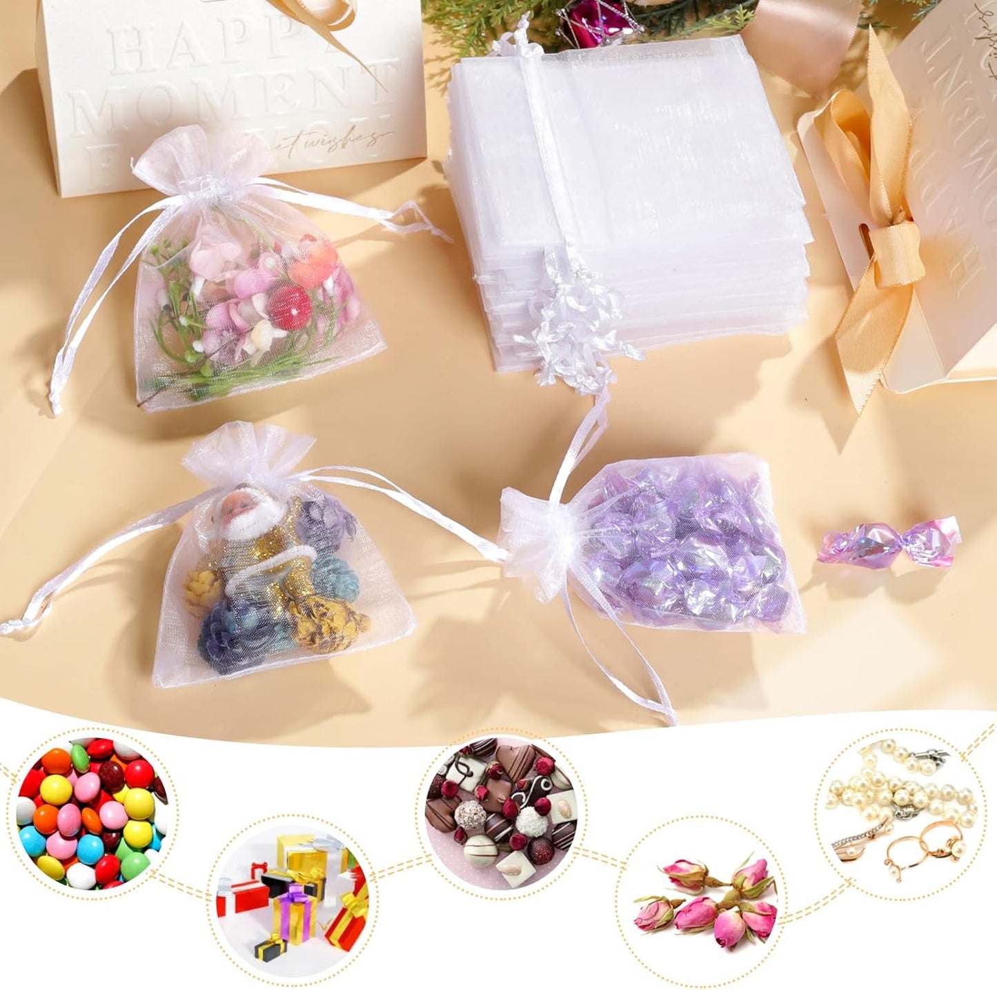 100Pcs White Organza Bags, 2x3Inch Sheer Wedding Party Favor Bags with Drawstring, Jewelry Gift Bags Christmas Candy Pouches