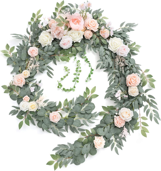 Ling's Moment 9FT Flower Garland for Backdrop Decorations - Wedding Arch Flowers, Eucalyptus & Rose, Artificial Floral Garland for Mantle - Sweetheart Table Decor for Ceremony Reception, French Pink