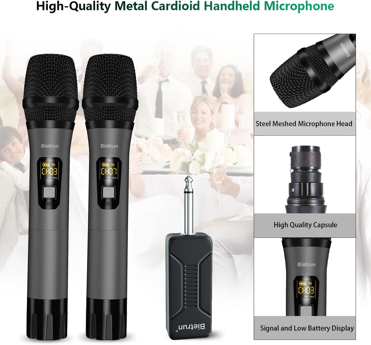 Wireless Microphone, Bietrun UHF Metal Dual Handheld Cordless Dynamic Mic System with Rechargeable Receiver, 1/4‘’Output, for Karaoke, Church, Speech, Wedding, Party Singing(160 ft Range)-Auto Connect