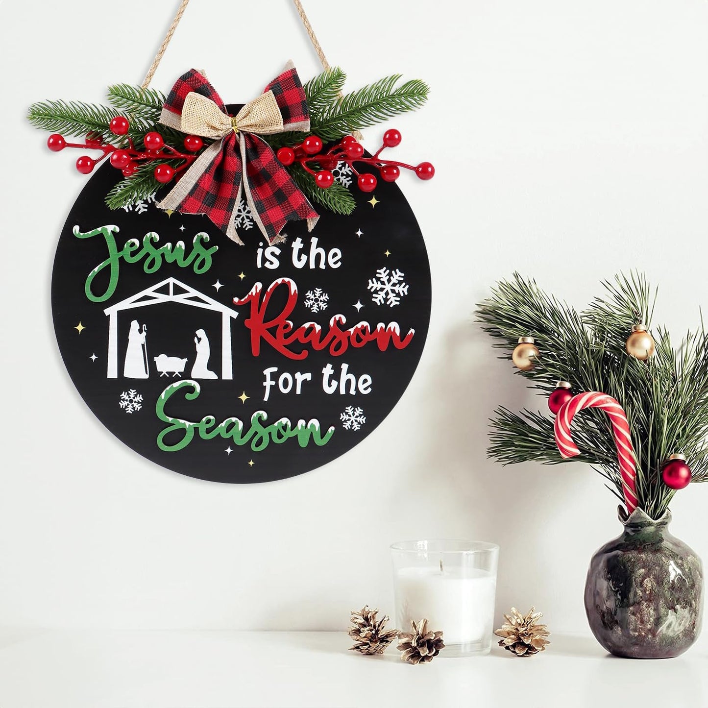 CHDITB Jesus is The Reason for The Season Front Door Sign Wreath(11.4"), Red Green Christmas Decoration Wall Hanging with Snowflakes Bow Berries, Wooden 3D Farmhouse Xmas Decor for Porch Indoor