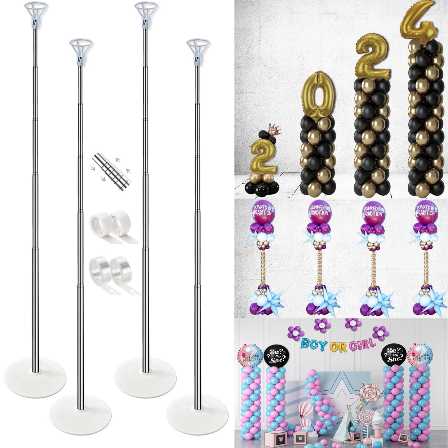 GIMCALO Balloon Column Stand Kit Set of 4, 7ft Height Adjustable Balloon Arch Kit with 2 Ballon