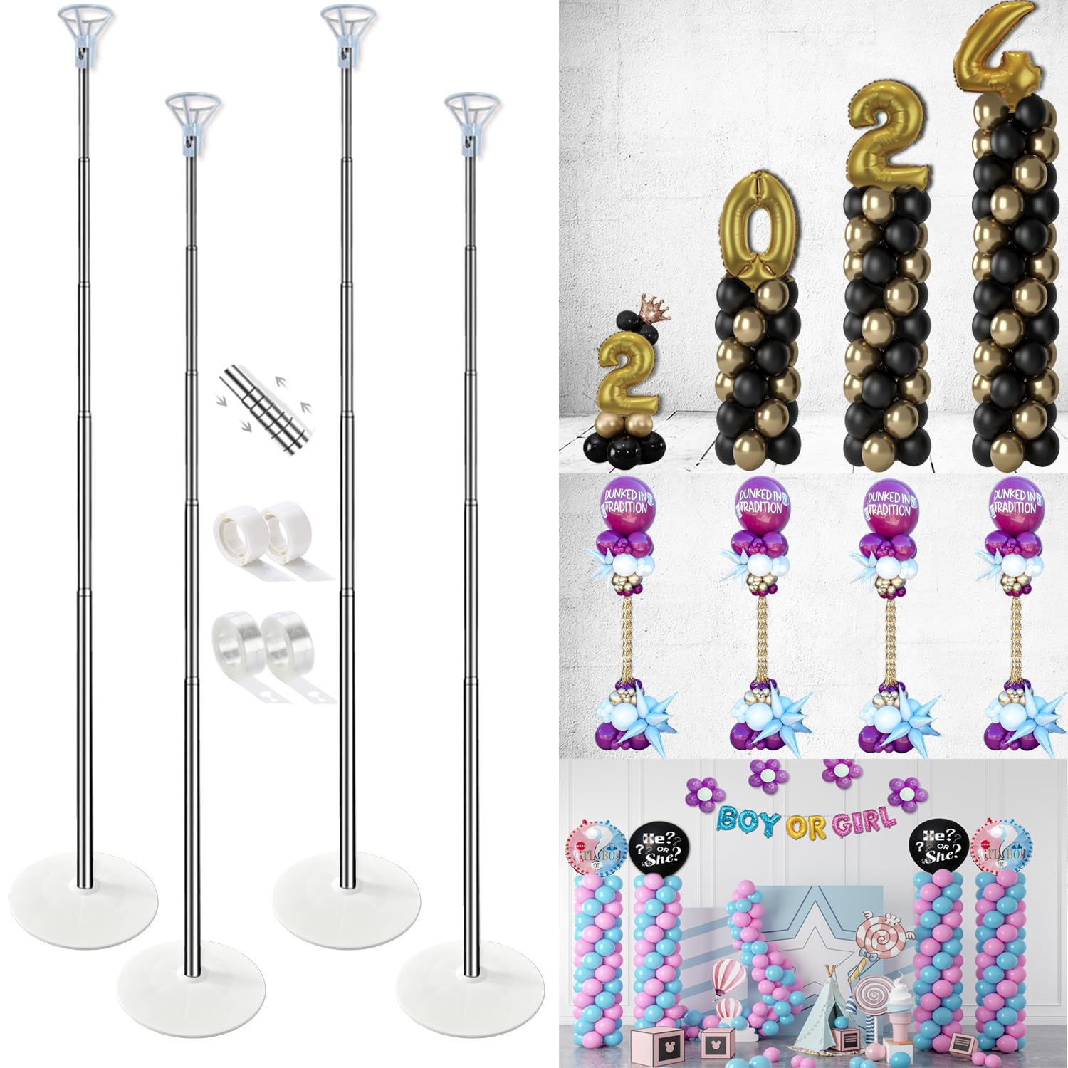 GIMCALO Balloon Column Stand Kit Set of 4, 7ft Height Adjustable Balloon Arch Kit with 2 Ballon