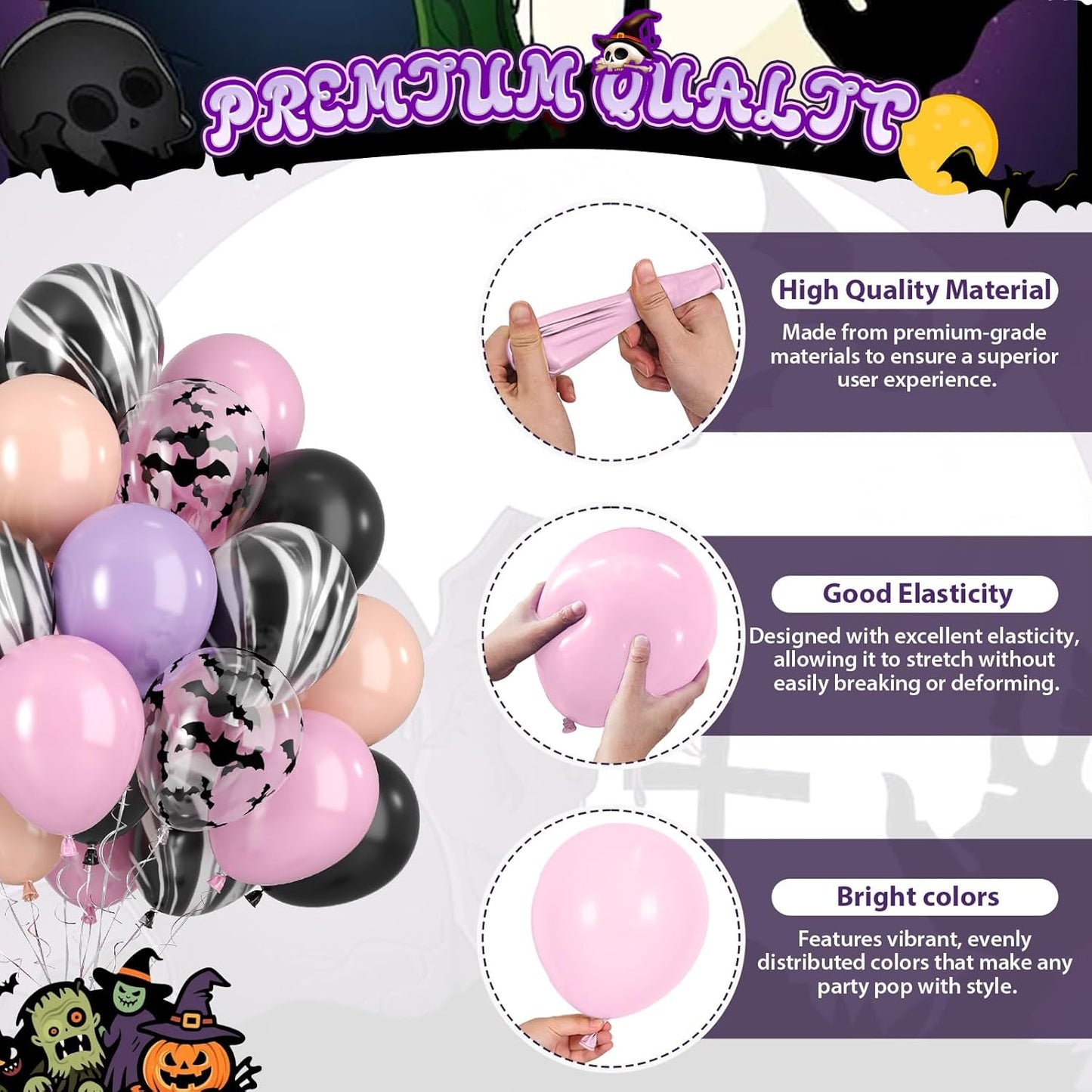 Paready Halloween Balloon, 50pcs Pink Purple Black Balloons, Bat Printed Balloons Black Marble Balloon For Retro Halloween Masquerade Vampire Haunted House Themed Birthday Party Decor Decorations